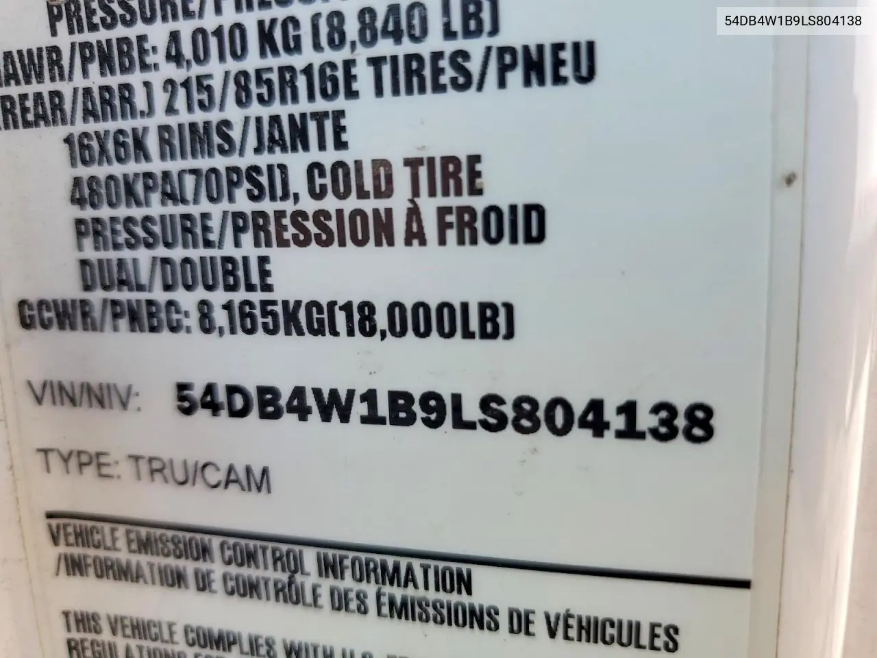 2020 Isuzu Npr VIN: 54DB4W1B9LS804138 Lot: 50358576