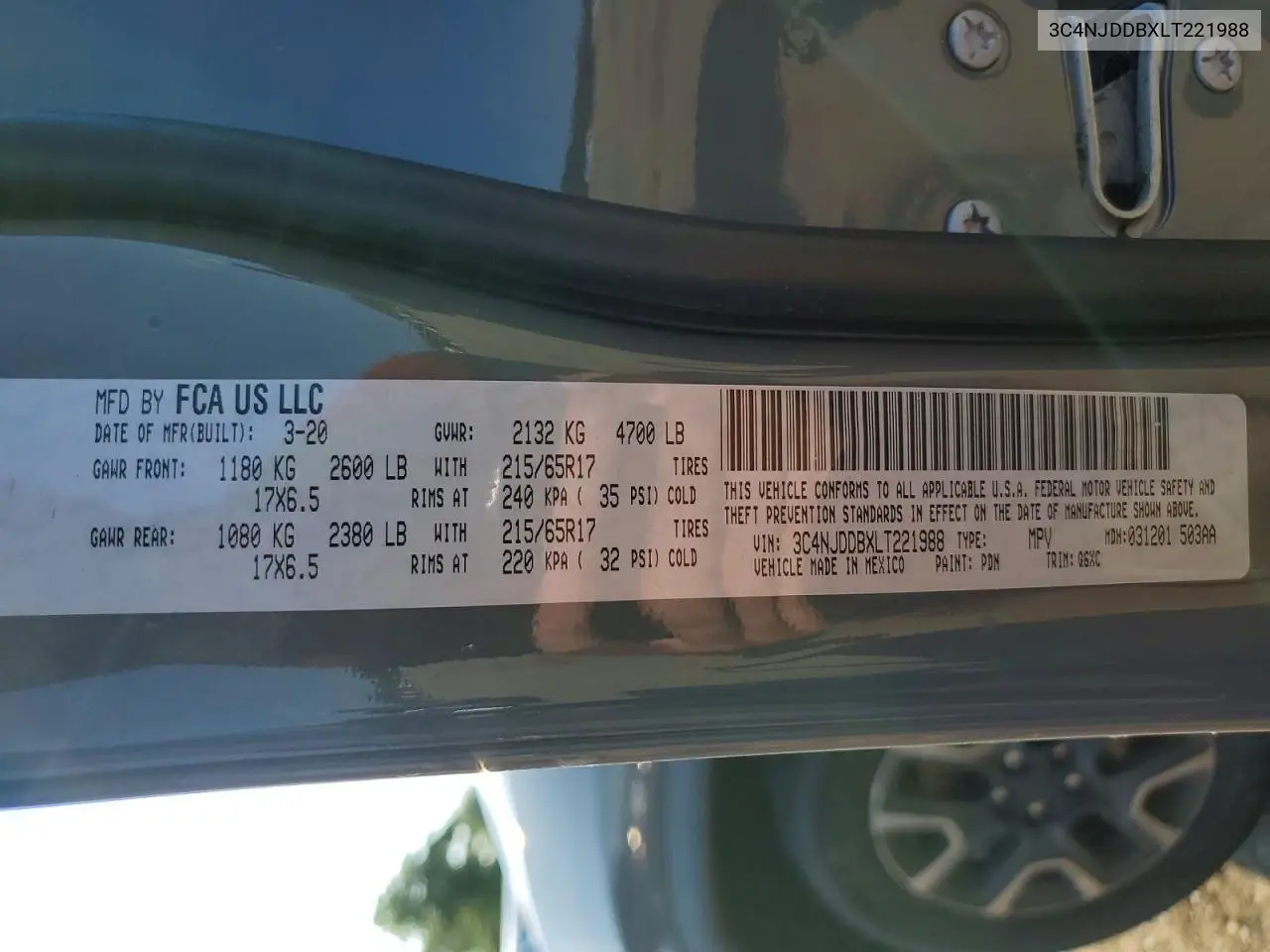 2020 Jeep Compass Trailhawk VIN: 3C4NJDDBXLT221988 Lot: 60842256