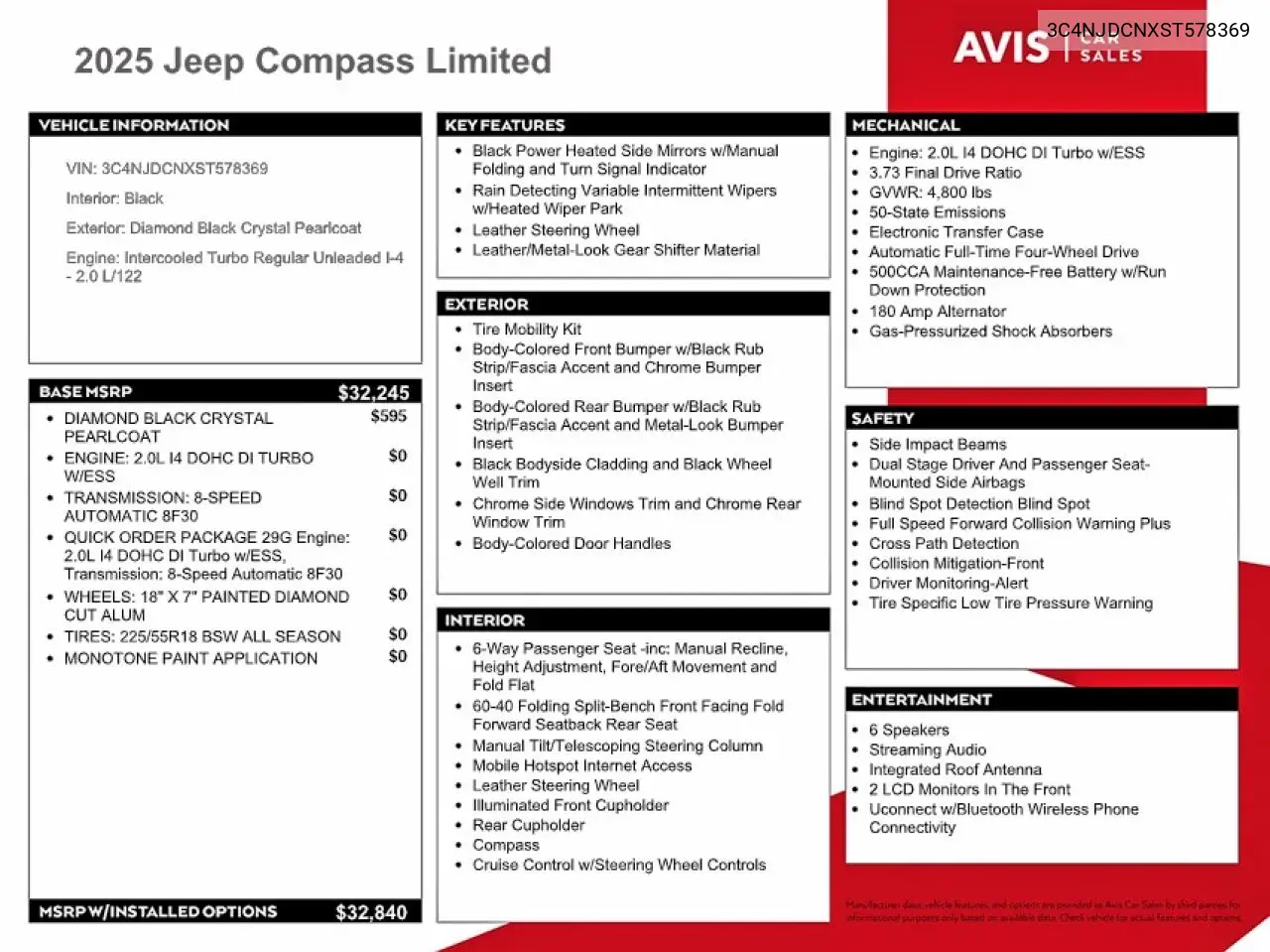 2025 Jeep Compass Limited VIN: 3C4NJDCNXST578369 Lot: 60014626