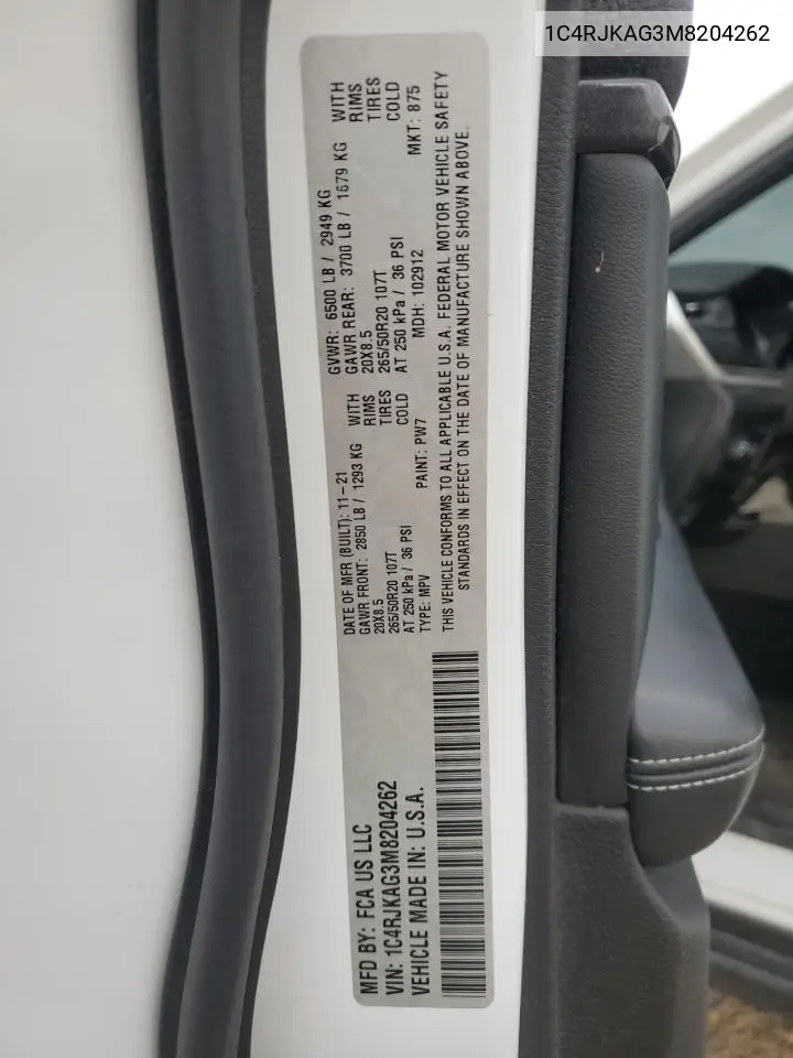 1C4RJKAG3M8204262 2021 Jeep Grand Cherokee L Laredo