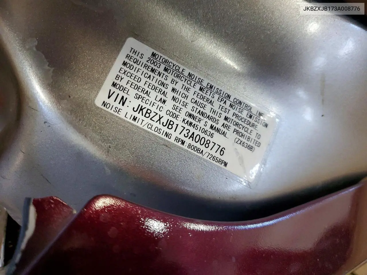 2003 Kawasaki Zx636 B1 VIN: JKBZXJB173A008776 Lot: 61123746