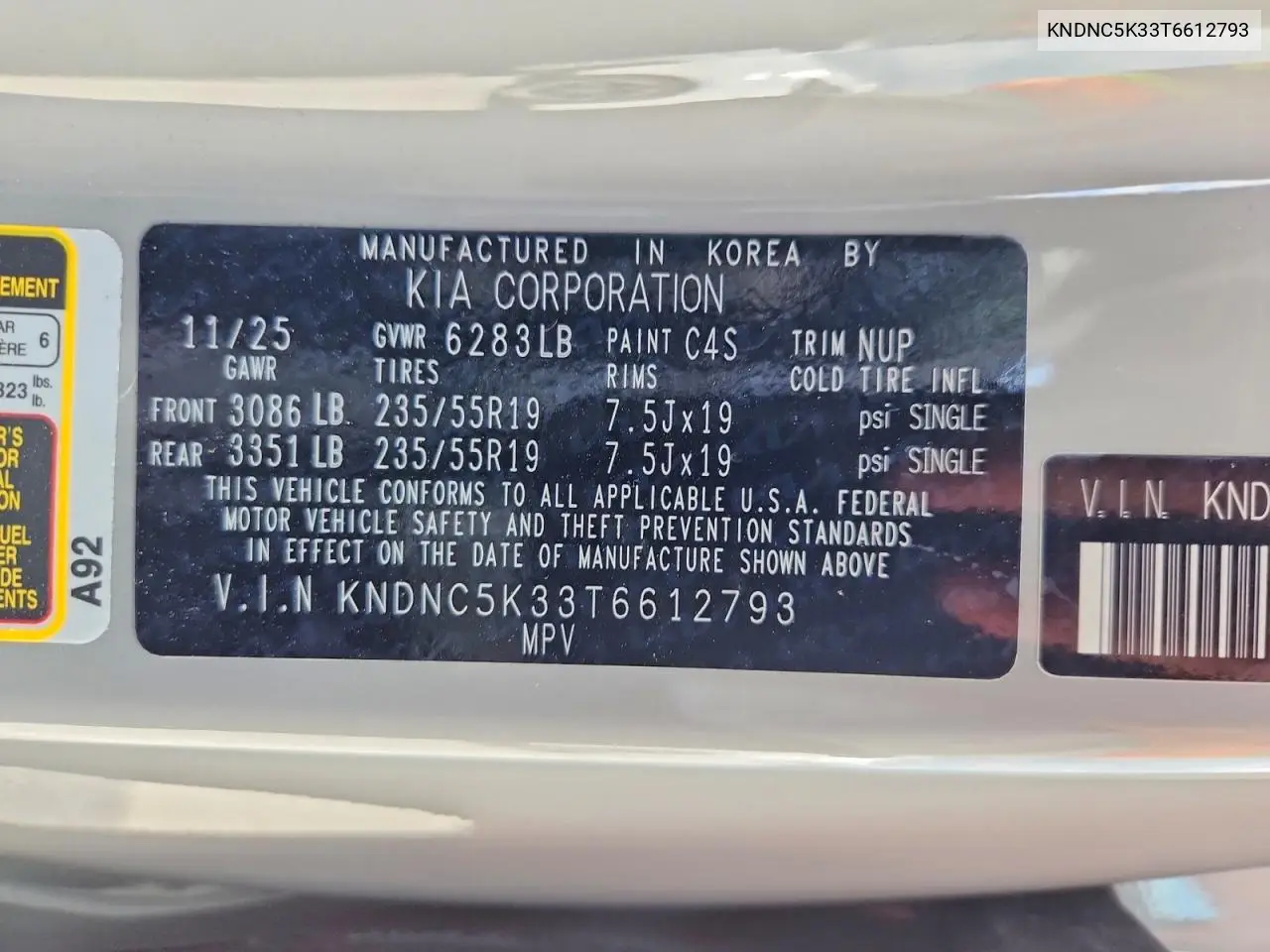 2026 Kia Carnival Ex VIN: KNDNC5K33T6612793 Lot: 61005956