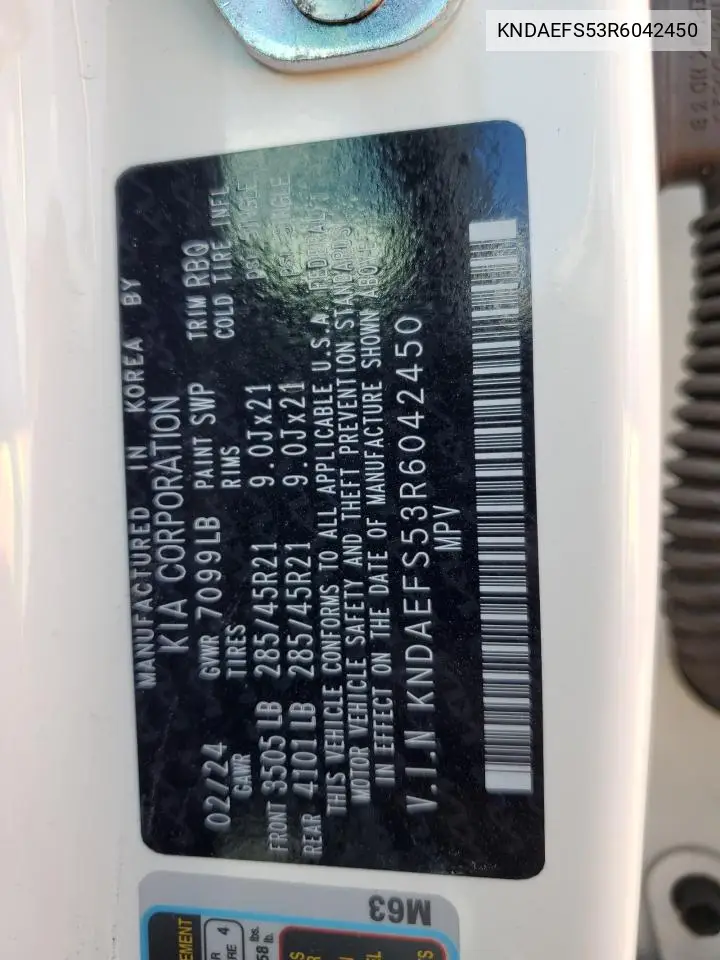 2024 Kia Ev9 Gt Line Gt Line VIN: KNDAEFS53R6042450 Lot: 69104835