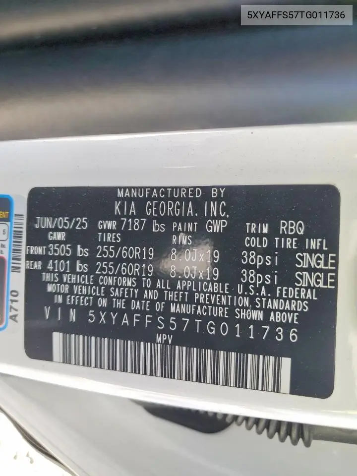 2026 Kia Ev9 Wind VIN: 5XYAFFS57TG011736 Lot: 57415026