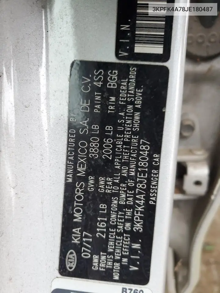 3KPFK4A78JE180487 2018 Kia Forte Lx