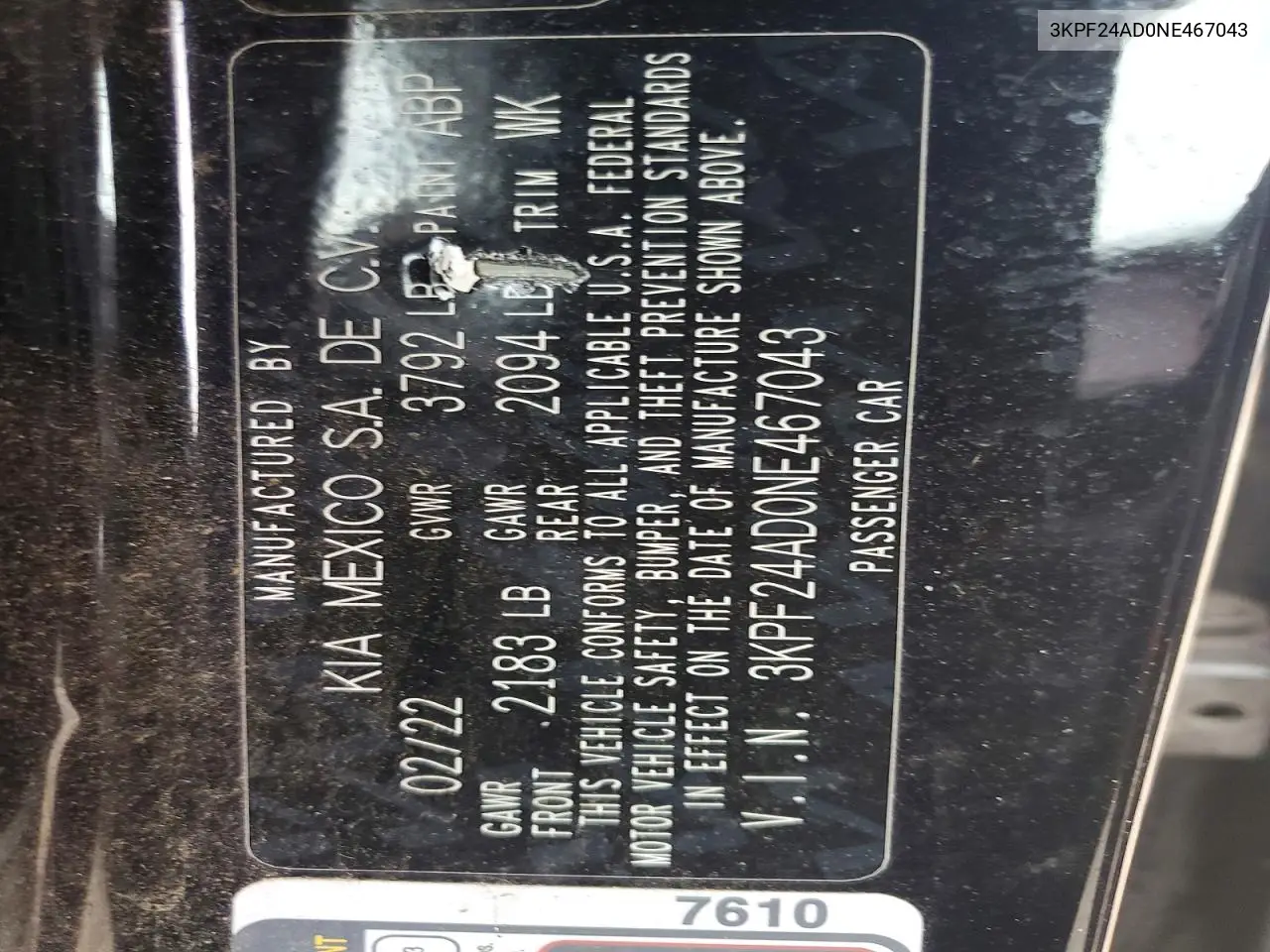 2022 Kia Forte Lxs VIN: 3KPF24AD0NE467043 Lot: 62169156