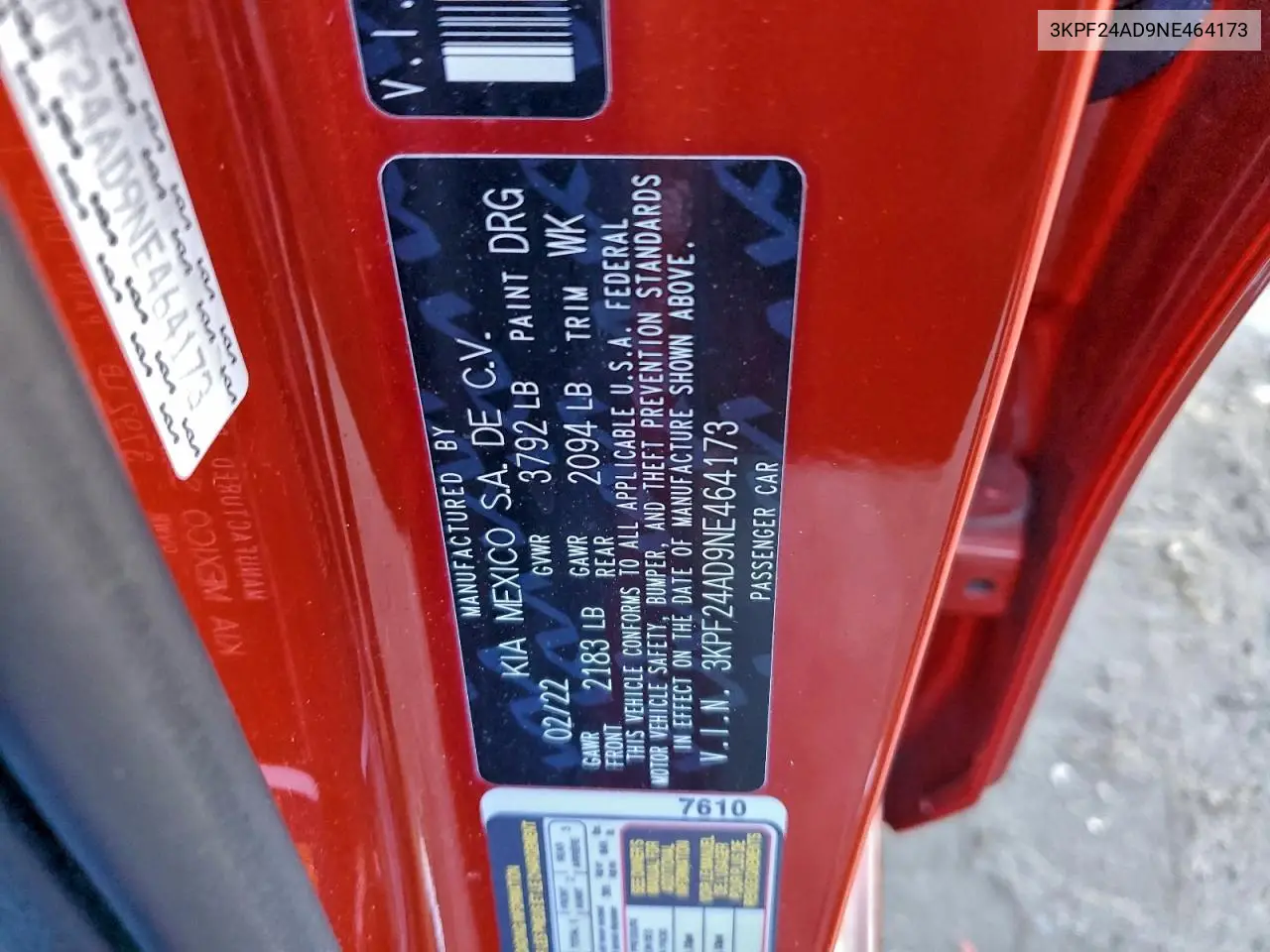 3KPF24AD9NE464173 2022 Kia Forte Fe