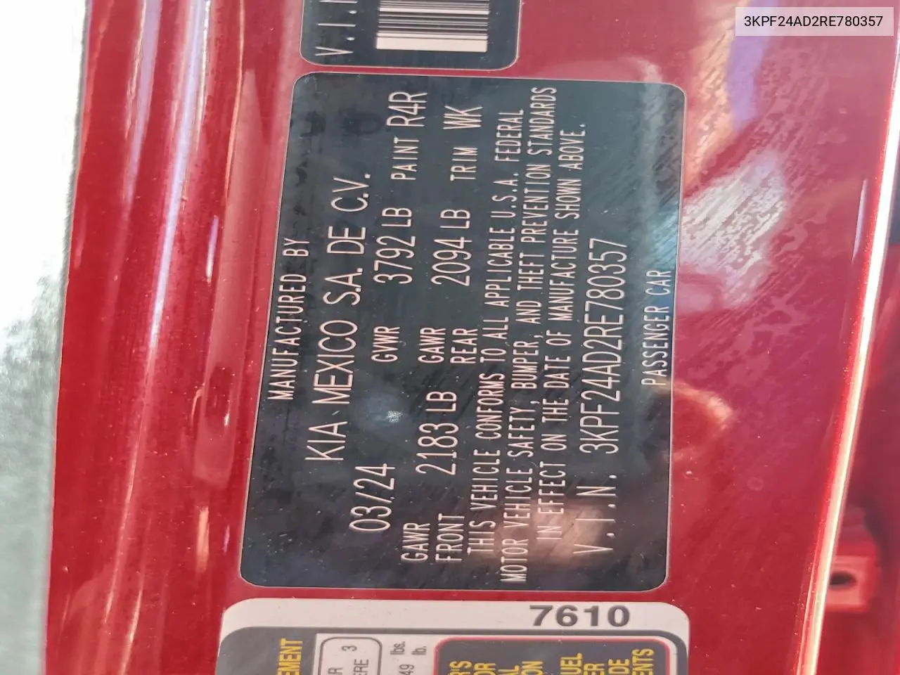 3KPF24AD2RE780357 2024 Kia Forte Lx