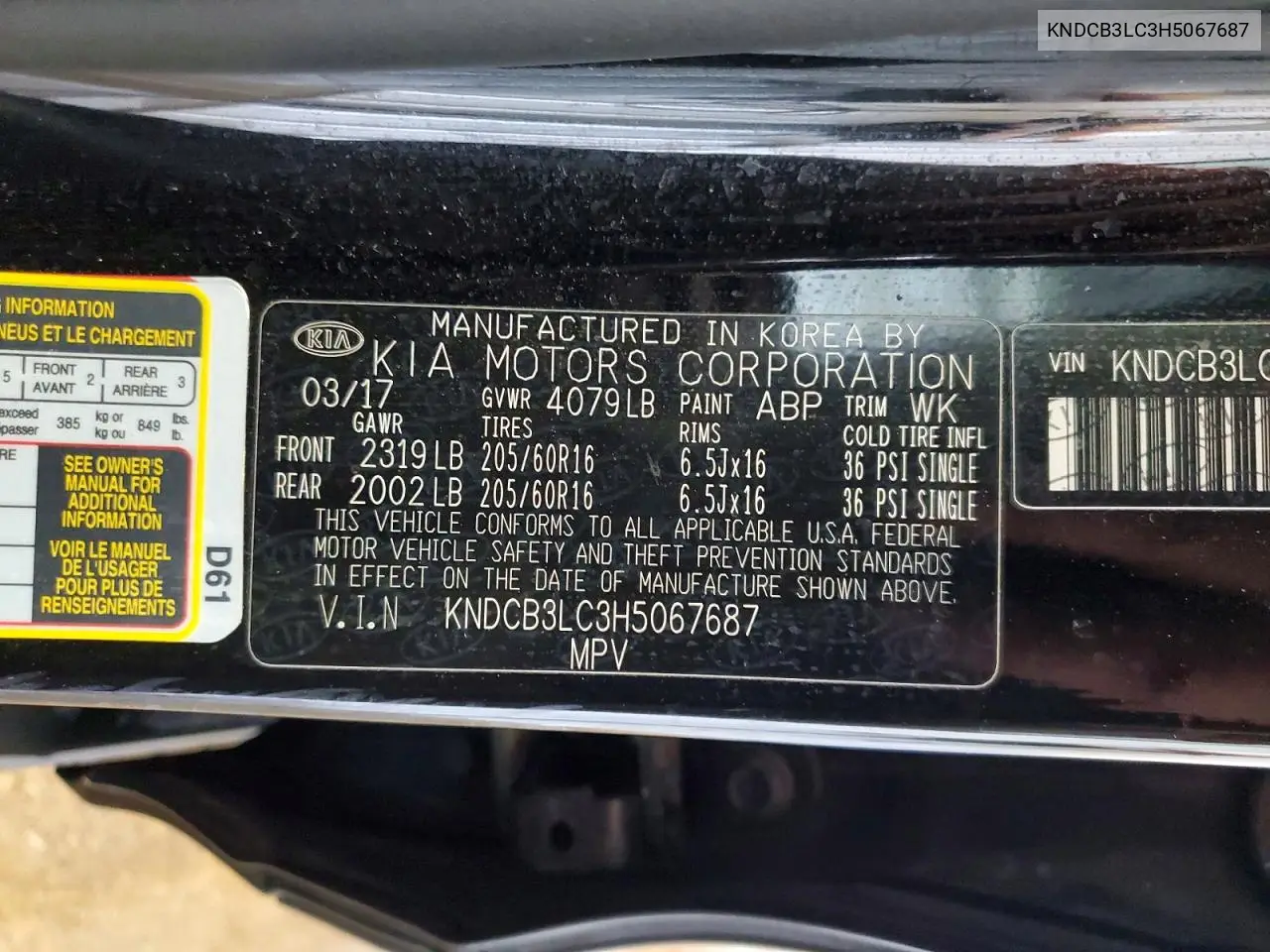 2017 Kia Niro Fe VIN: KNDCB3LC3H5067687 Lot: 55287406