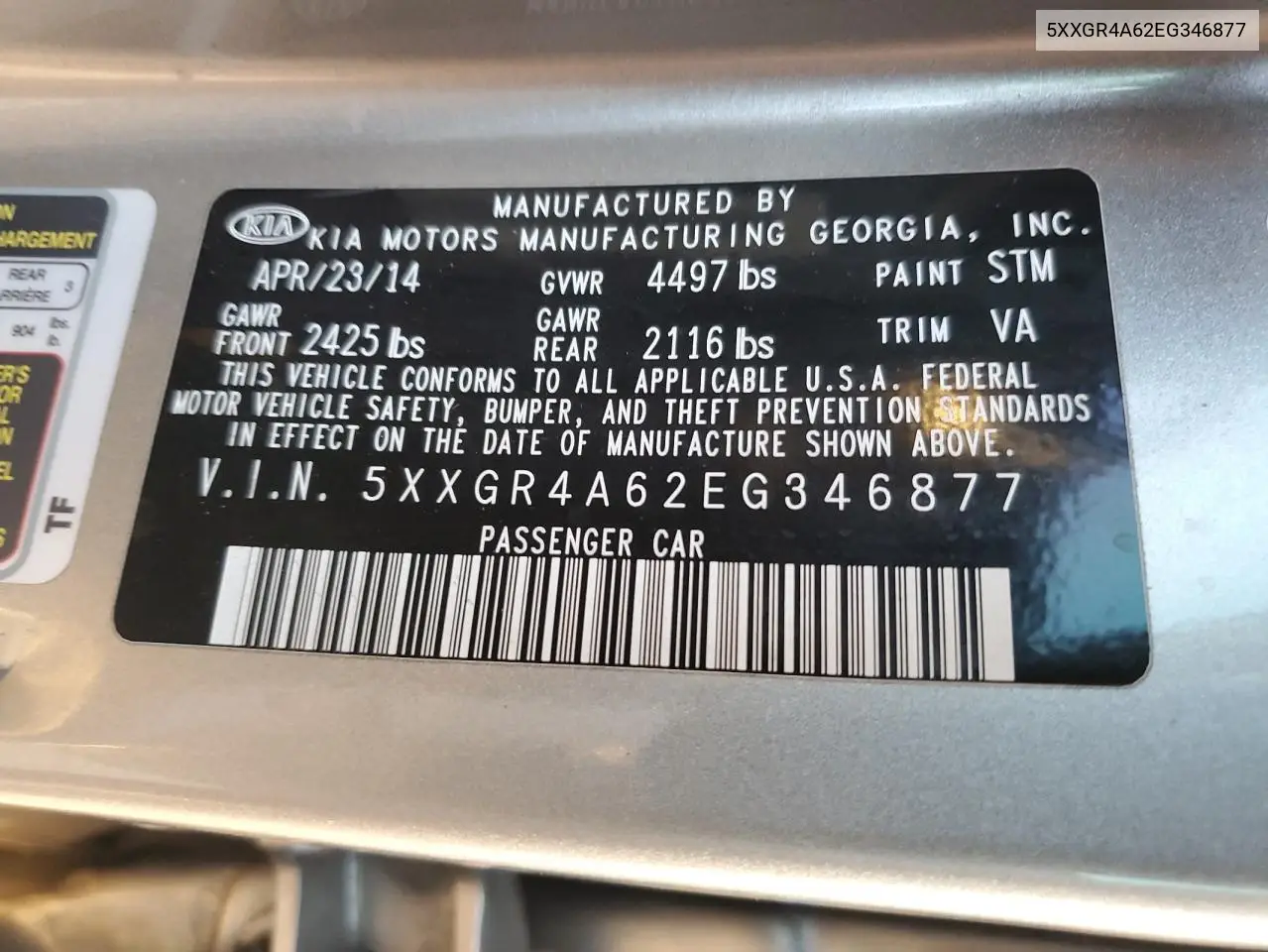 5XXGR4A62EG346877 2014 Kia Optima Sx