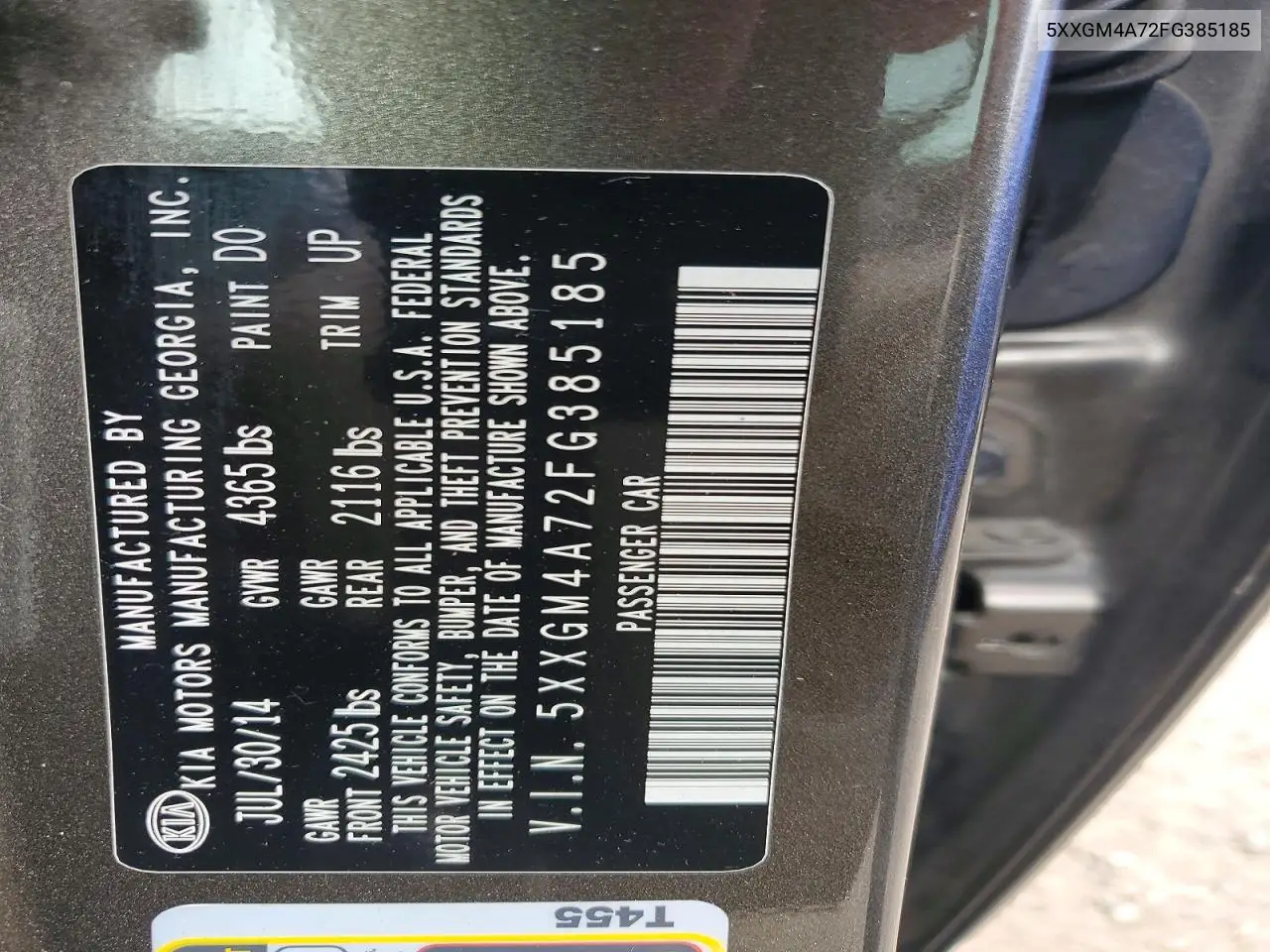 2015 Kia Optima Lx VIN: 5XXGM4A72FG385185 Lot: 61340896