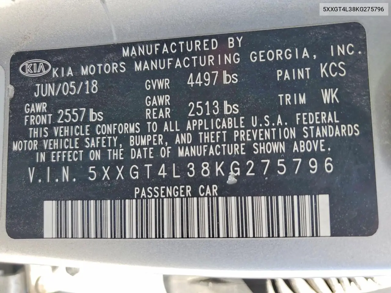 2019 Kia Optima Lx VIN: 5XXGT4L38KG275796 Lot: 57170626