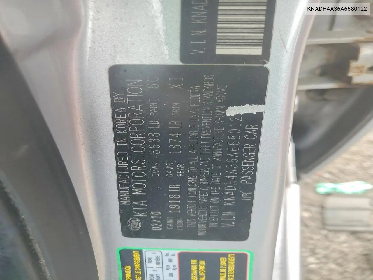 2010 Kia Rio Base VIN: KNADH4A36A6680122 Lot: 61531576