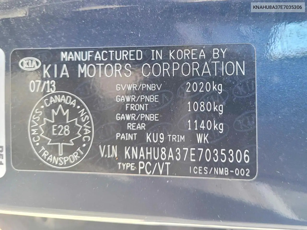2014 Kia Rondo VIN: KNAHU8A37E7035306 Lot: 55847166