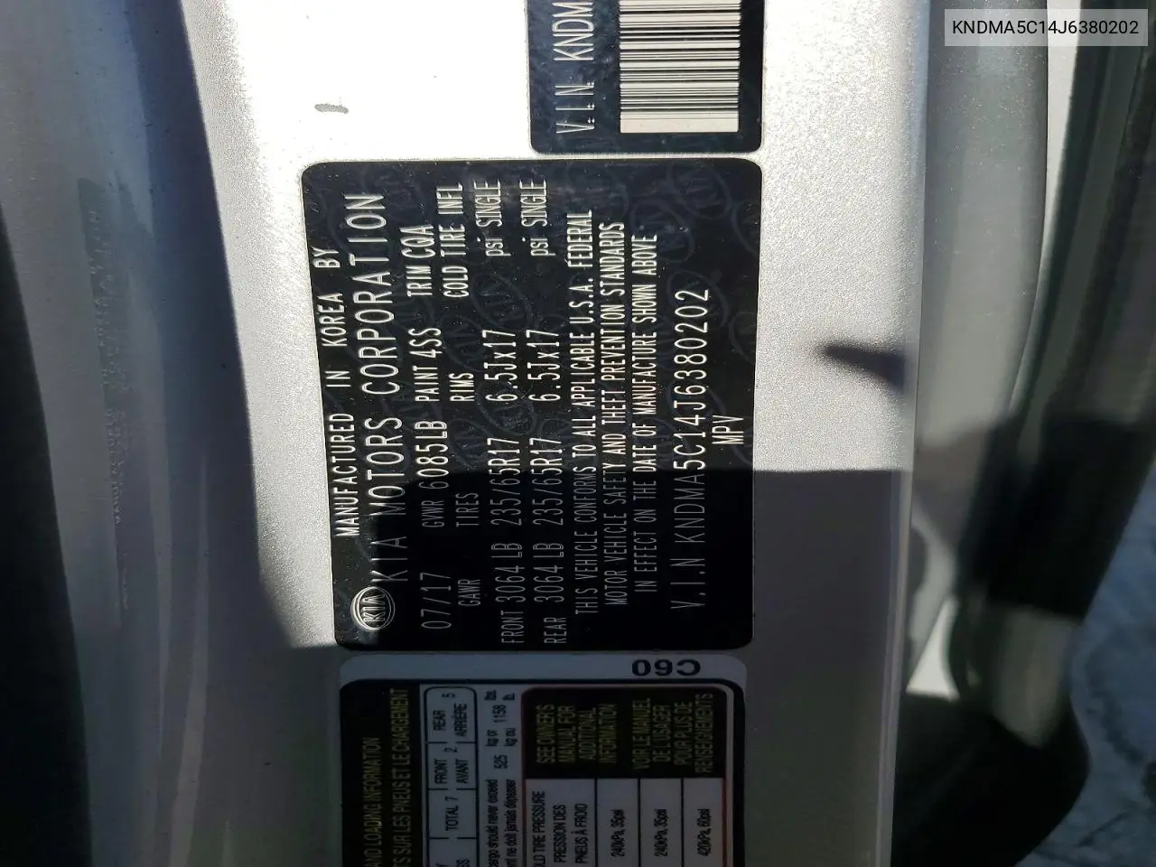 2018 Kia Sedona L VIN: KNDMA5C14J6380202 Lot: 59253226