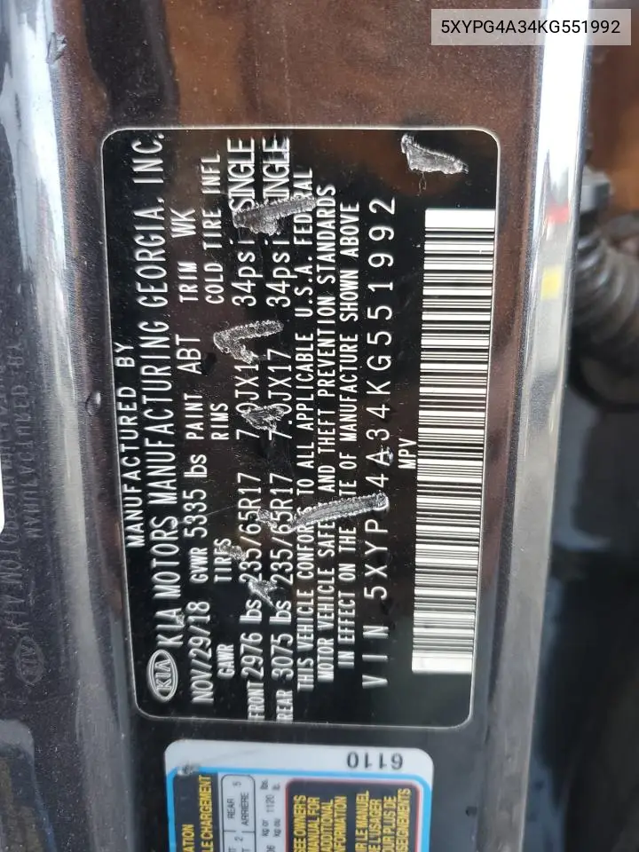 5XYPG4A34KG551992 2019 Kia Sorento L