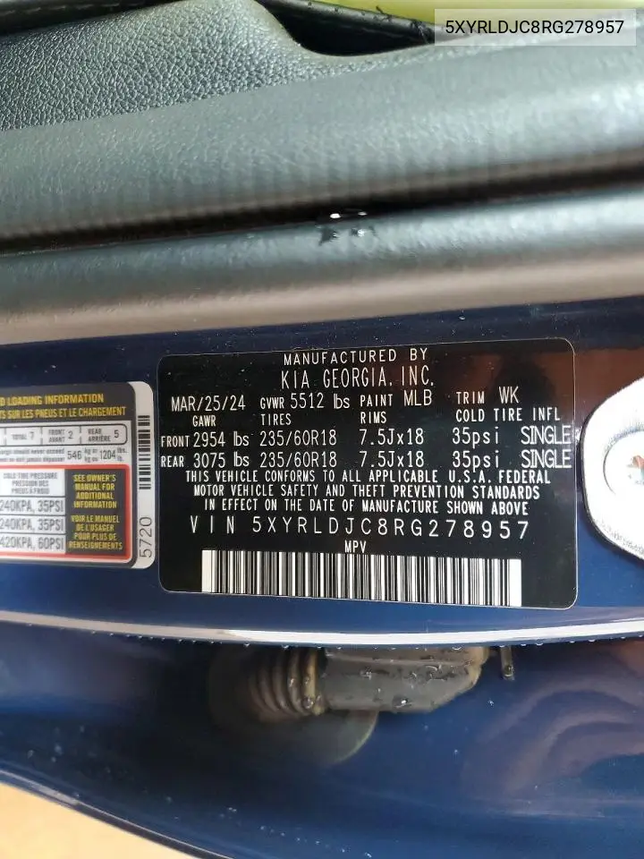 2024 Kia Sorento S VIN: 5XYRLDJC8RG278957 Lot: 57770006