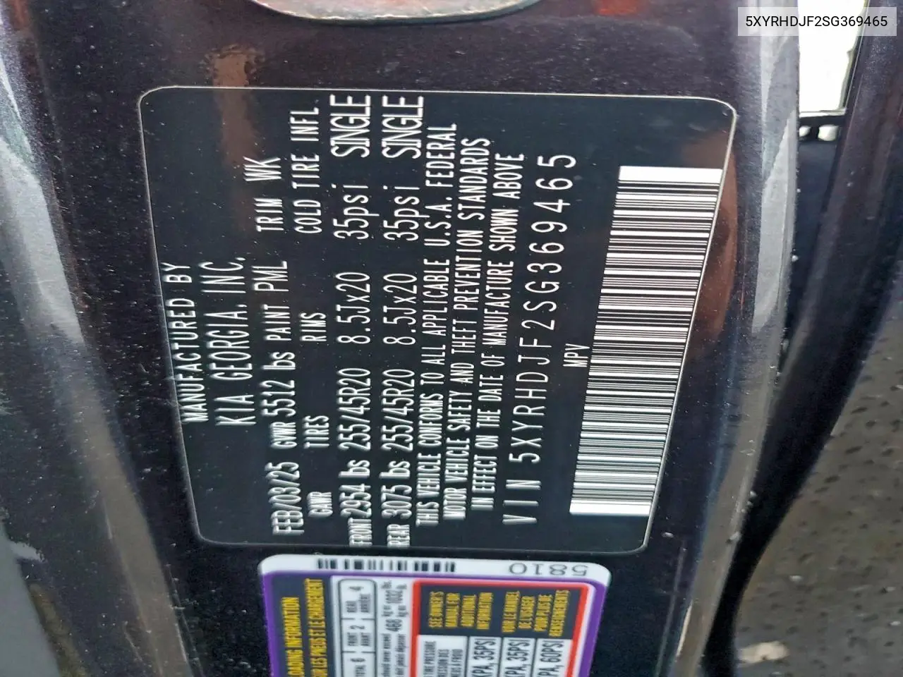 5XYRHDJF2SG369465 2025 Kia Sorento Ex