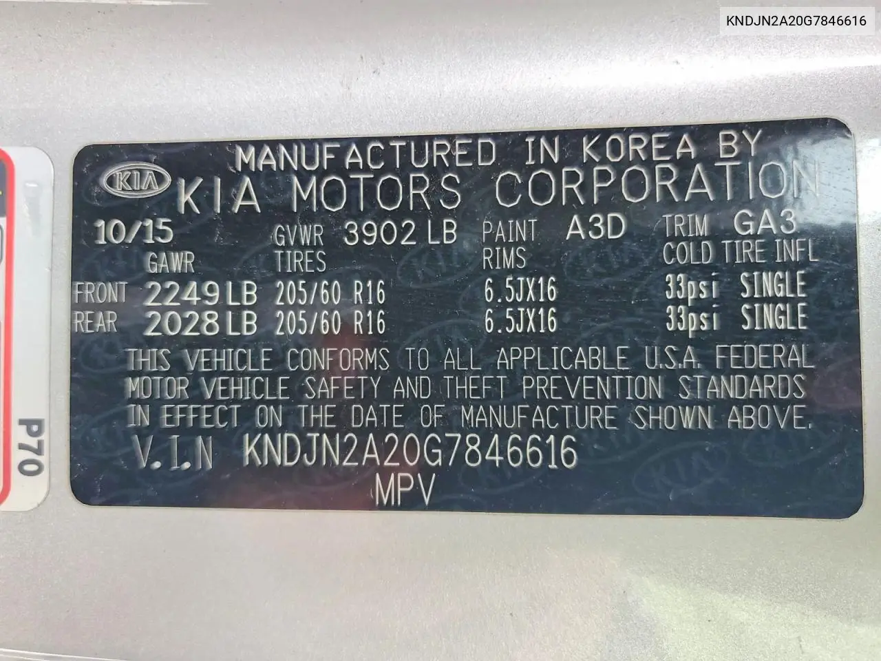 2016 Kia Soul Base VIN: KNDJN2A20G7846616 Lot: 58529676