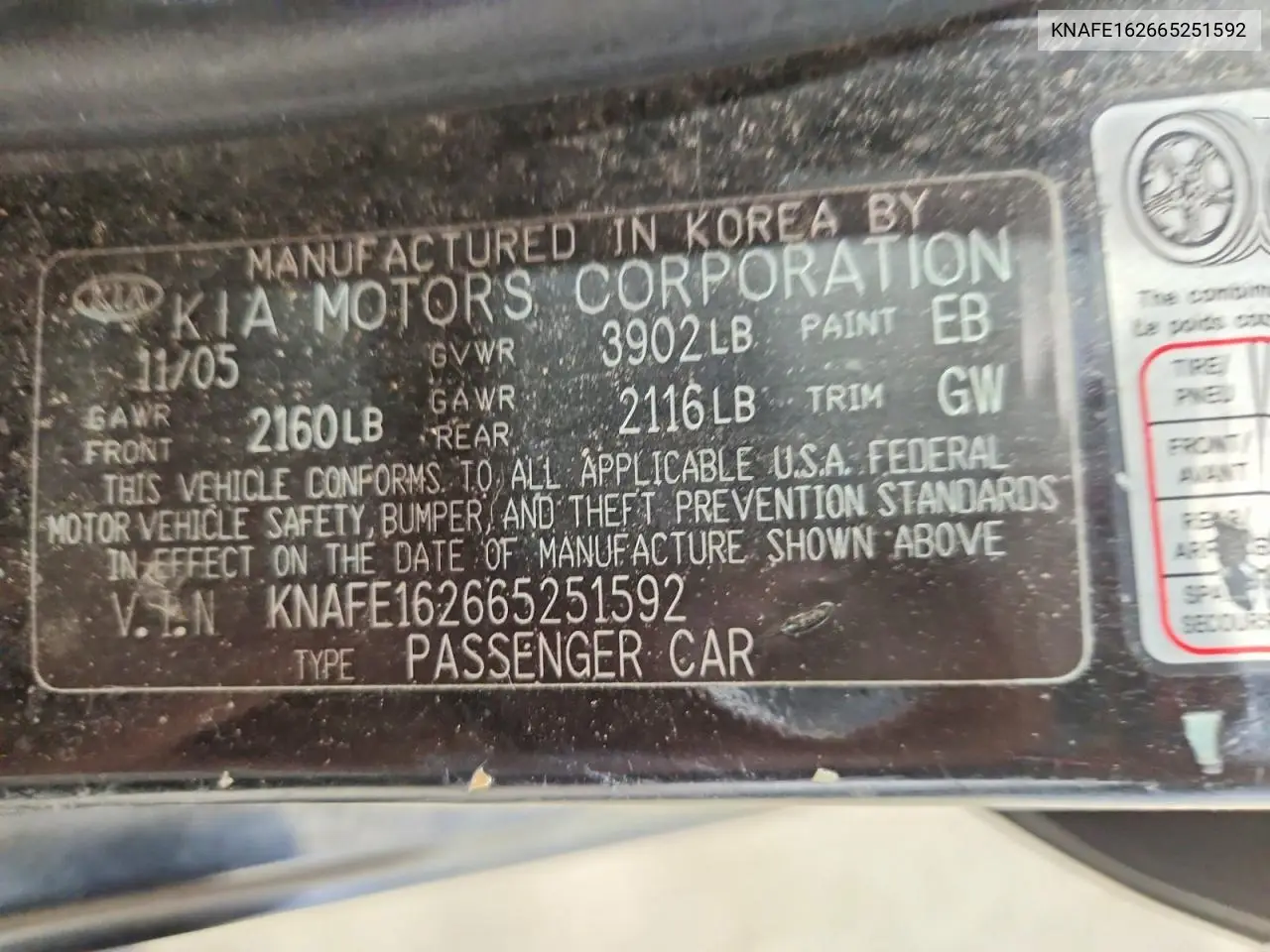 2006 Kia Spectra Spectra5 VIN: KNAFE162665251592 Lot: 61384886