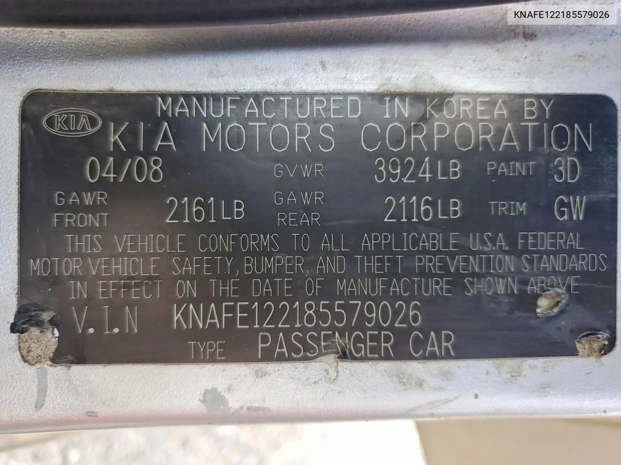2008 Kia Spectra Ex VIN: KNAFE122185579026 Lot: 48186286