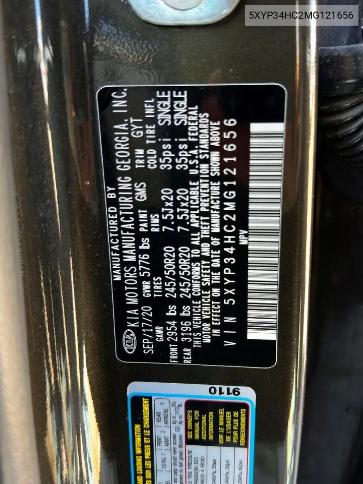 2021 Kia Telluride Ex VIN: 5XYP34HC2MG121656 Lot: 60685236