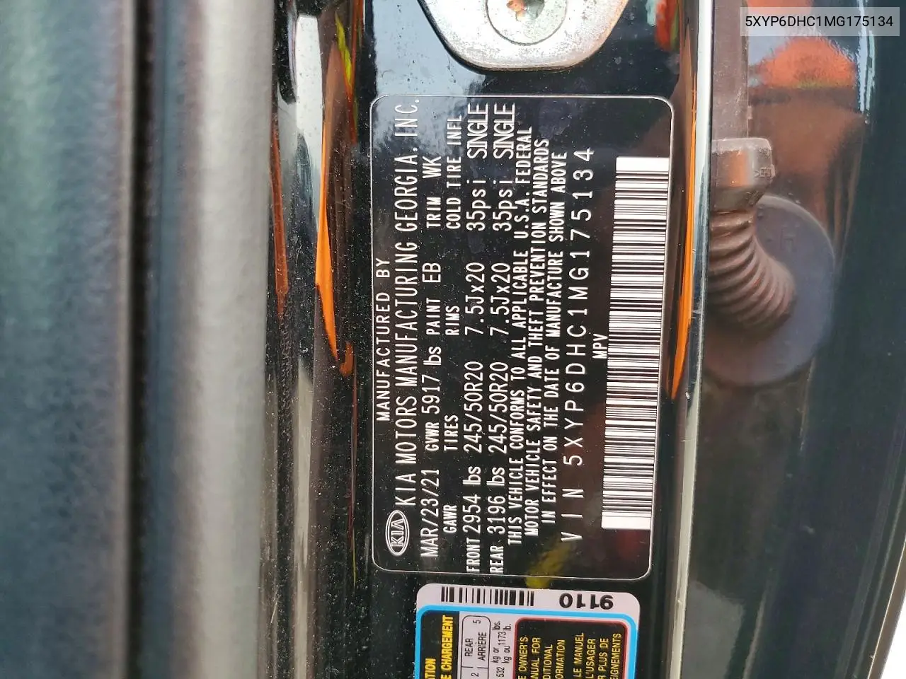 2021 Kia Telluride S VIN: 5XYP6DHC1MG175134 Lot: 61563196