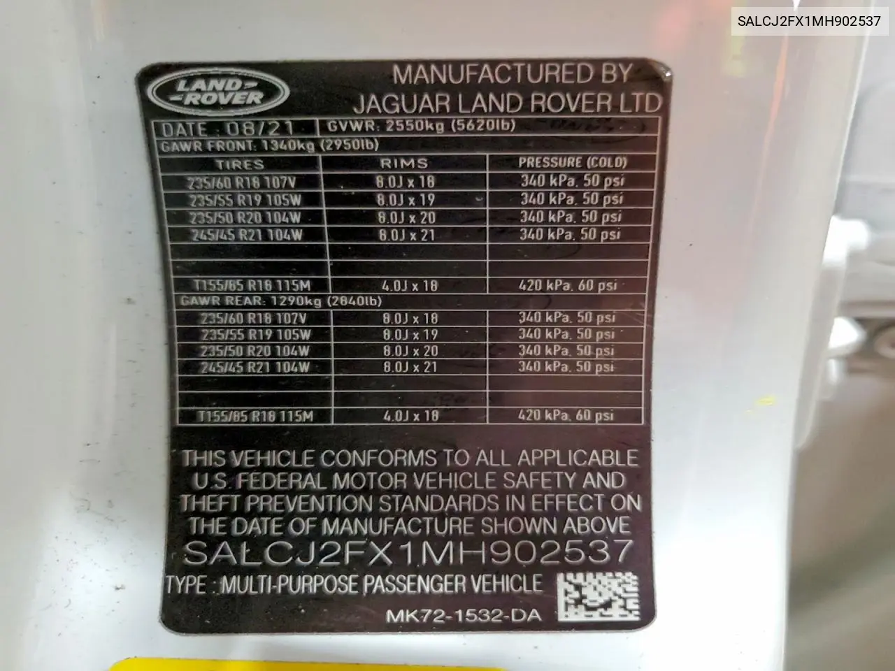 2021 Land Rover Discovery Sport S VIN: SALCJ2FX1MH902537 Lot: 56547676