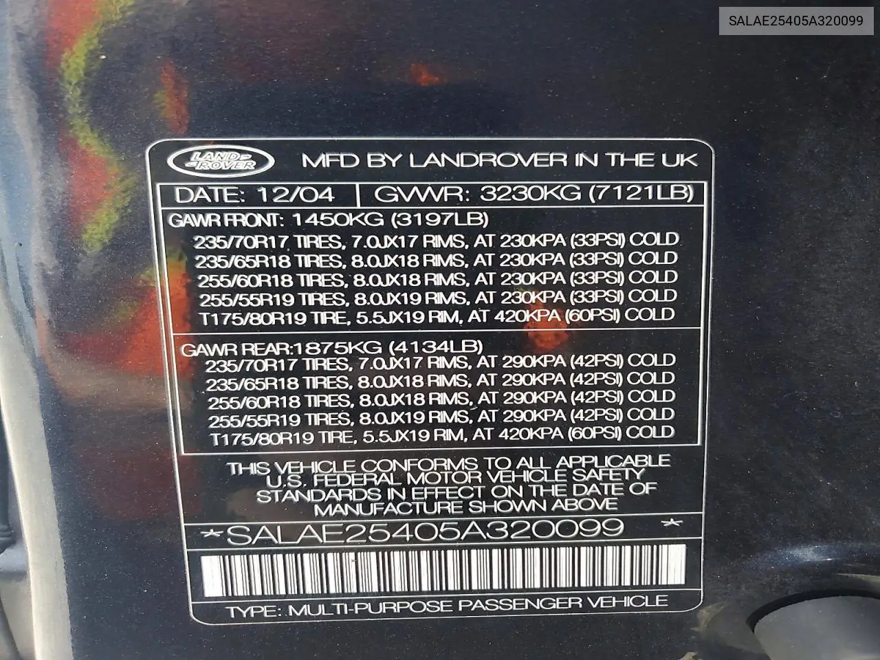 2005 Land Rover Lr3 Se VIN: SALAE25405A320099 Lot: 59770796