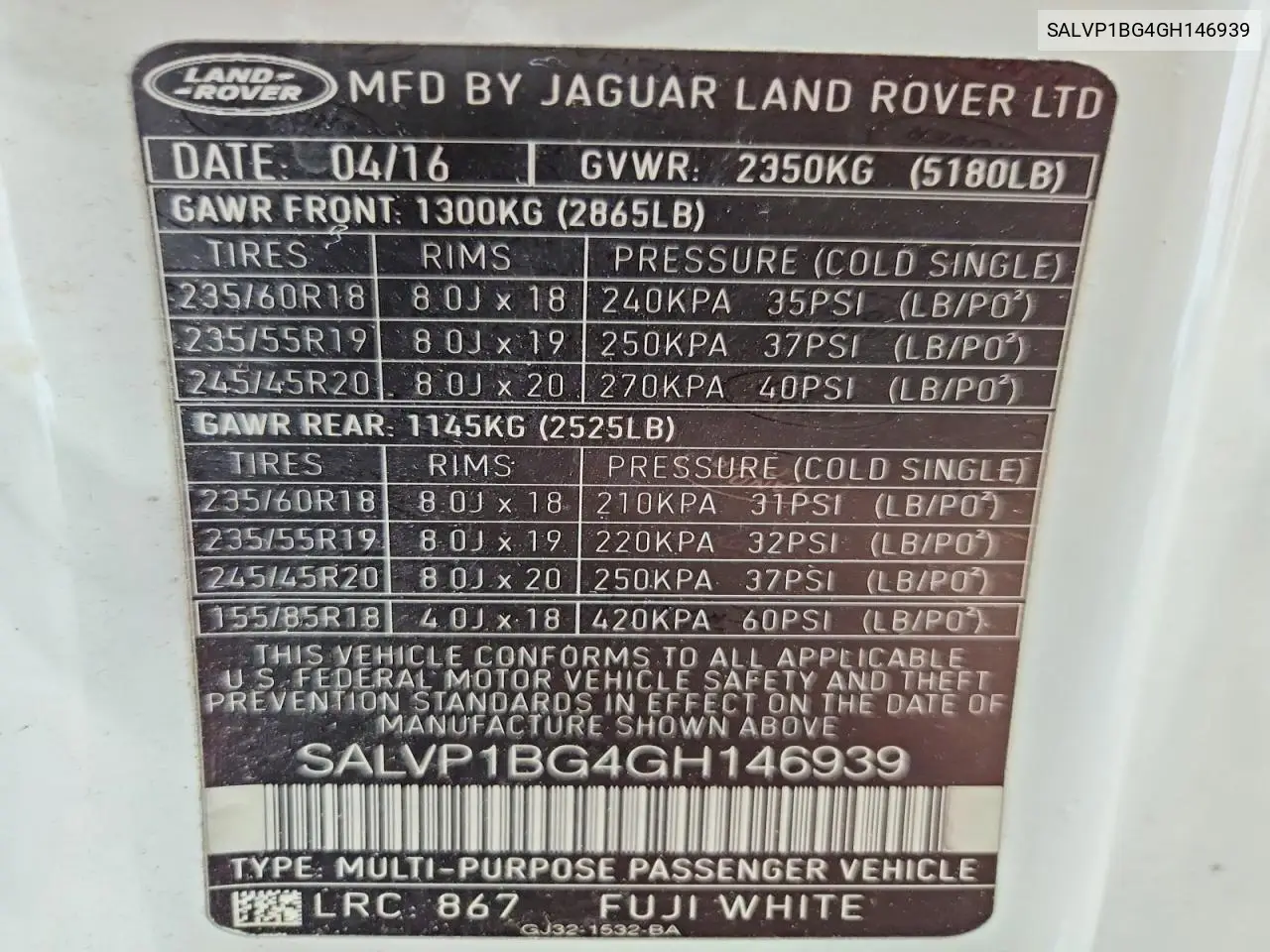 2016 Land Rover Range Rover Evoque Se VIN: SALVP1BG4GH146939 Lot: 57183496