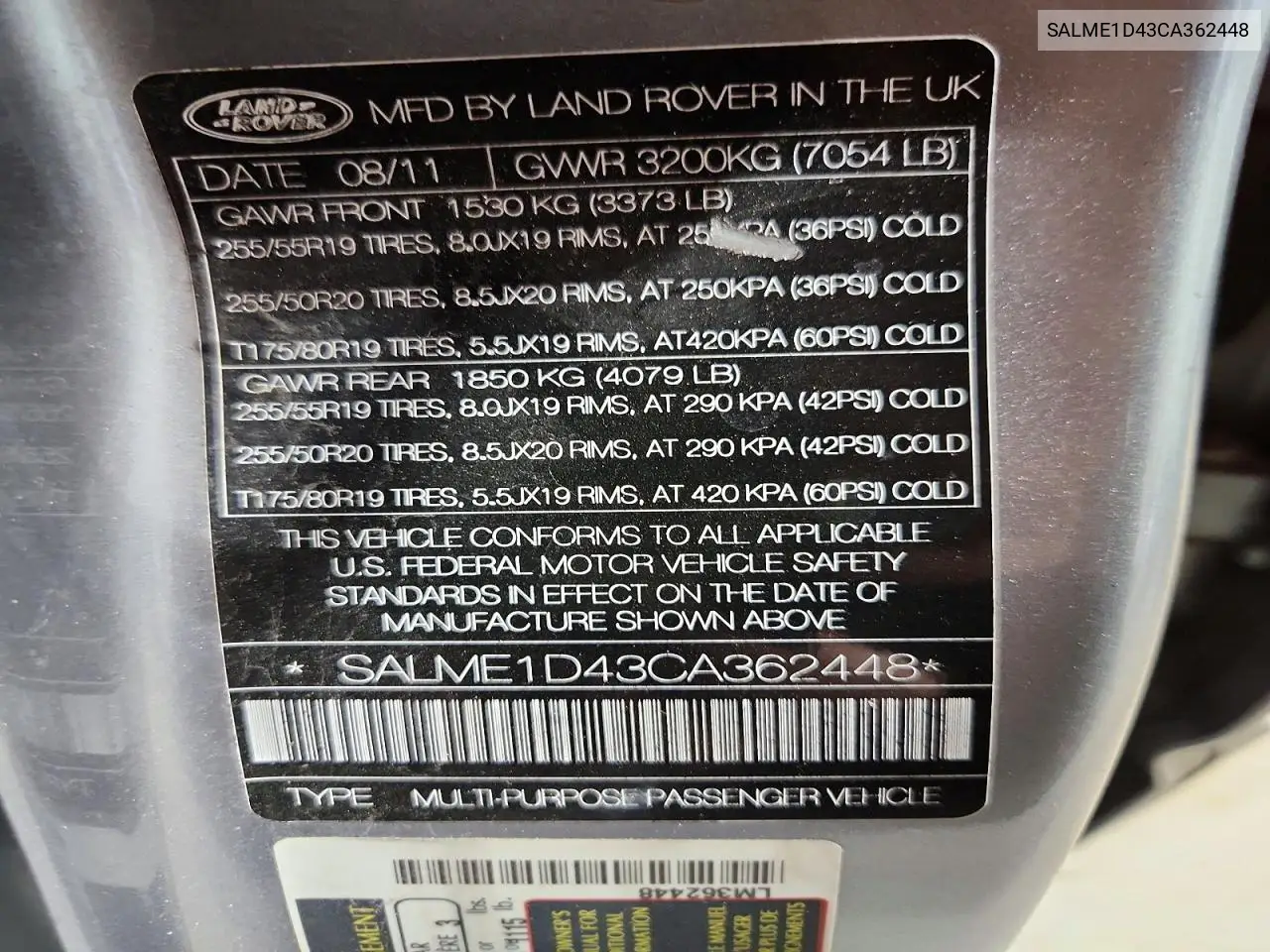 2012 Land Rover Range Rover Hse VIN: SALME1D43CA362448 Lot: 59013796