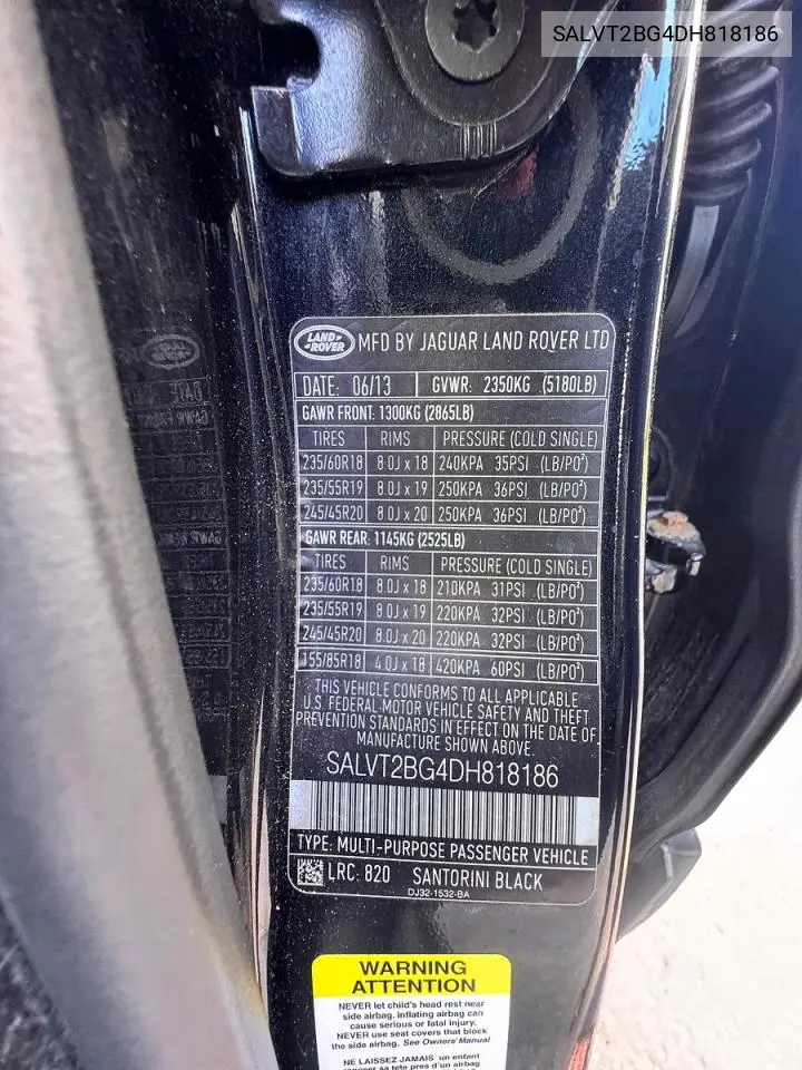 2013 Land Rover Range Rover Evoque Dynamic Premium VIN: SALVT2BG4DH818186 Lot: 60369946