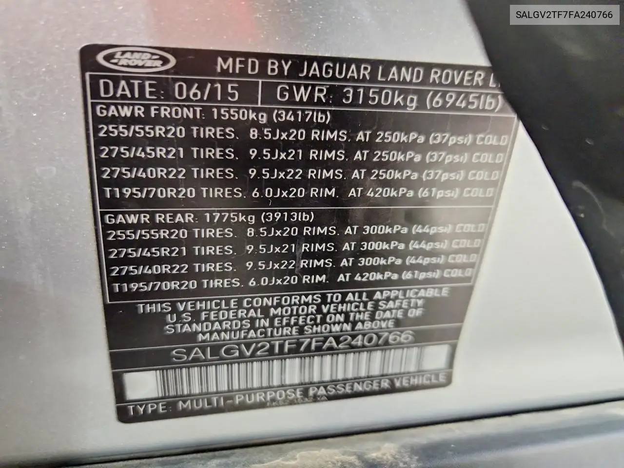 2015 Land Rover Range Rover Autobiography VIN: SALGV2TF7FA240766 Lot: 61621046