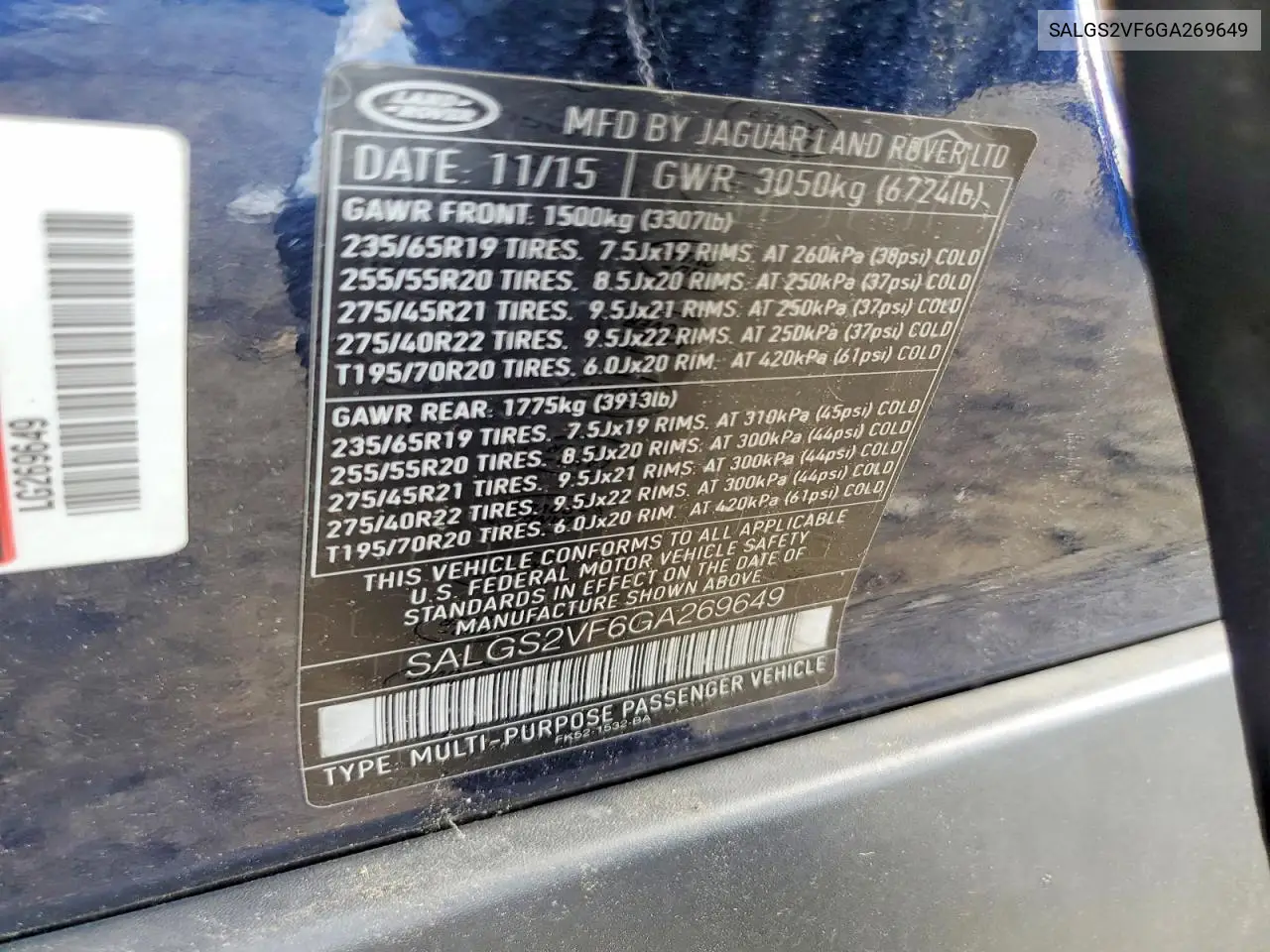 2016 Land Rover Range Rover Hse VIN: SALGS2VF6GA269649 Lot: 60074096