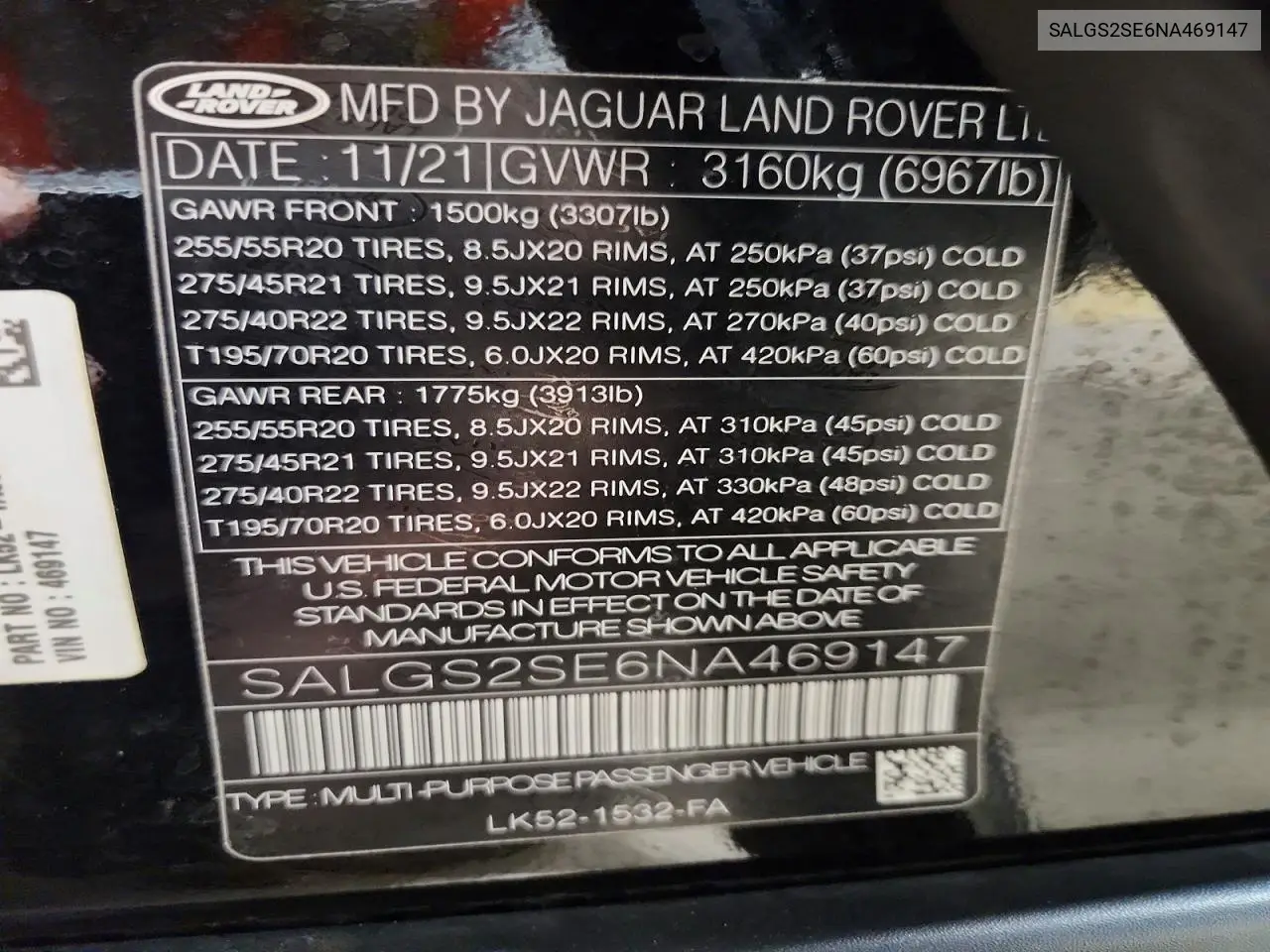 2022 Land Rover Range Rover Westminster Edition VIN: SALGS2SE6NA469147 Lot: 56603376