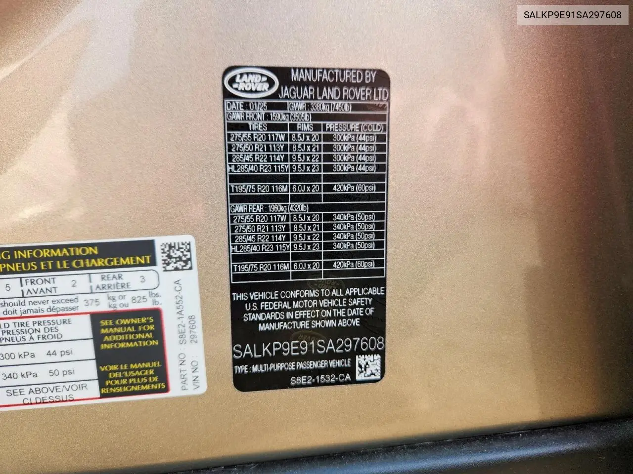 2025 Land Rover Range Rover Se VIN: SALKP9E91SA297608 Lot: 60960936