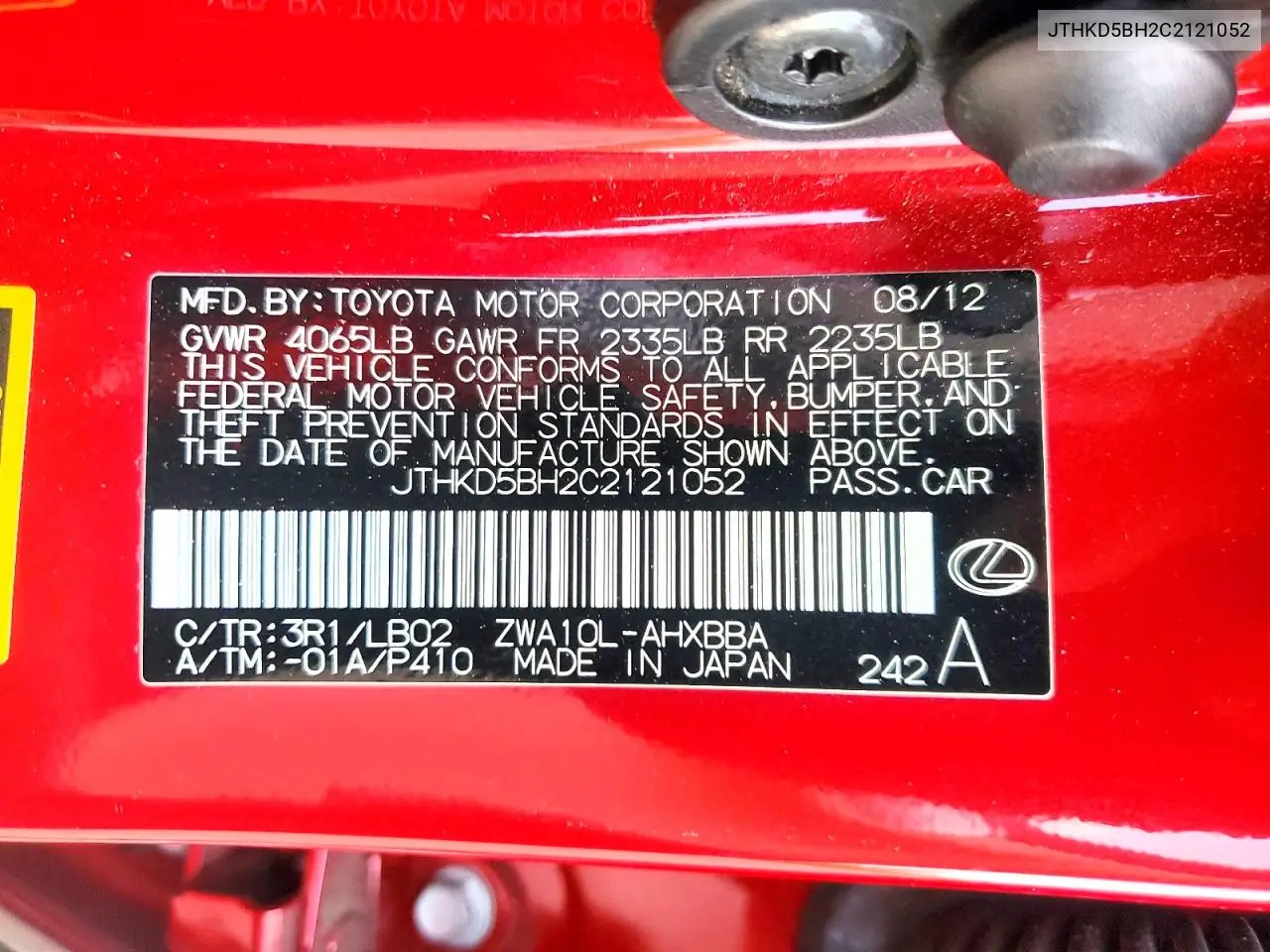 2012 Lexus Ct 200 VIN: JTHKD5BH2C2121052 Lot: 41630636