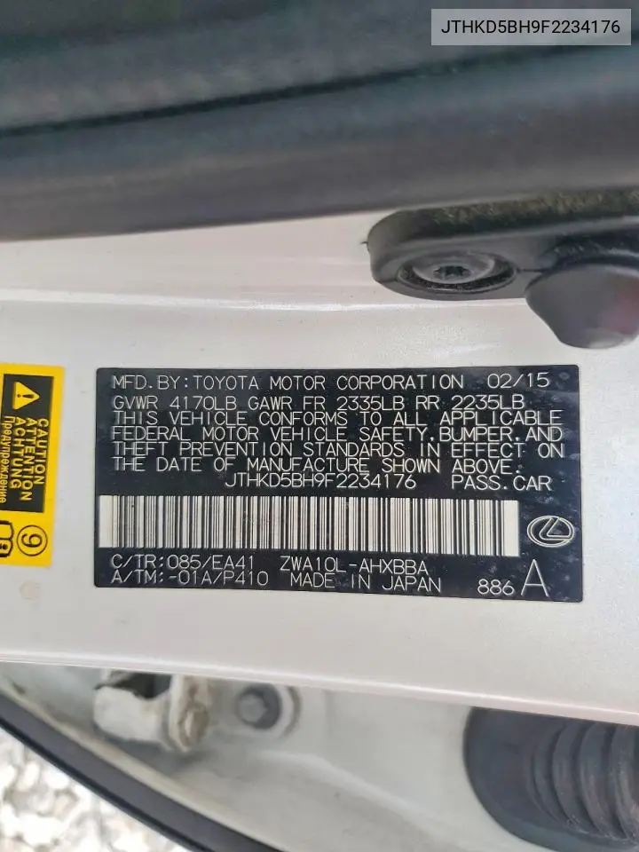 2015 Lexus Ct 200 VIN: JTHKD5BH9F2234176 Lot: 55644646