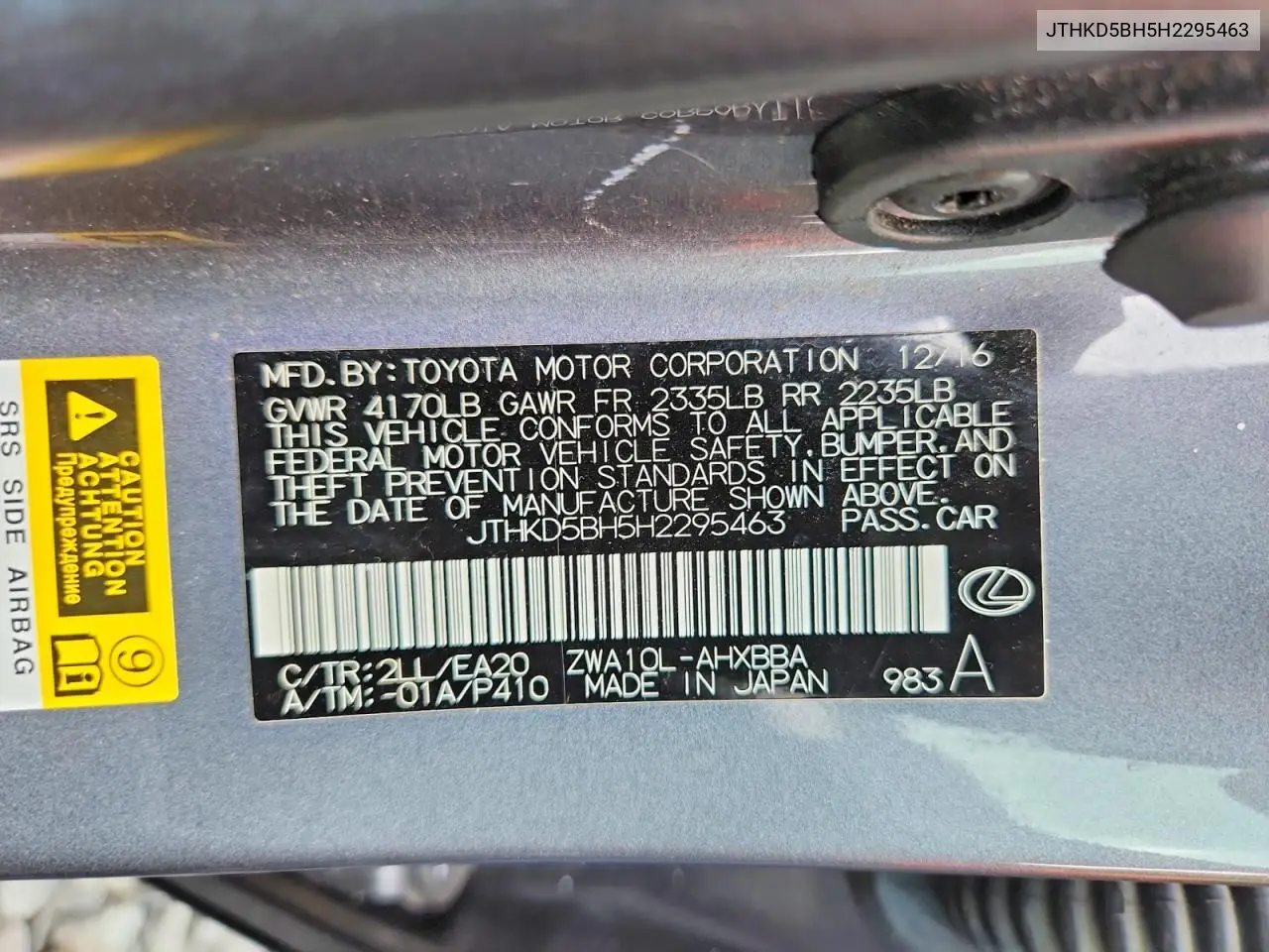 2017 Lexus Ct 200 VIN: JTHKD5BH5H2295463 Lot: 59706876
