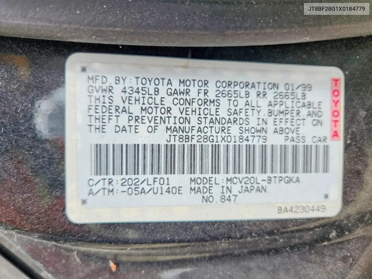 1999 Lexus Es 300 VIN: JT8BF28G1X0184779 Lot: 56805366