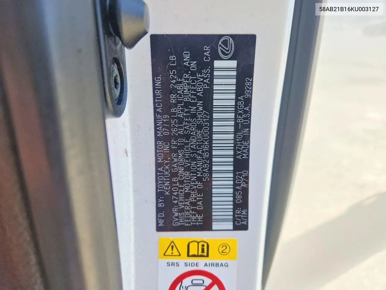 2019 Lexus Es 300H VIN: 58AB21B16KU003127 Lot: 61807176