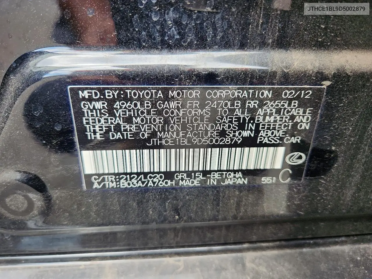 2013 Lexus Gs 350 VIN: JTHCE1BL9D5002879 Lot: 58655486