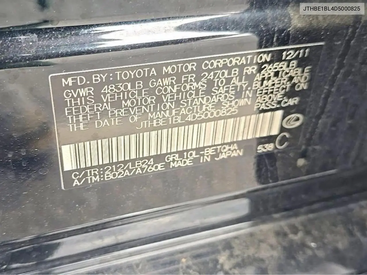 2013 Lexus Gs 350 VIN: JTHBE1BL4D5000825 Lot: 59200876
