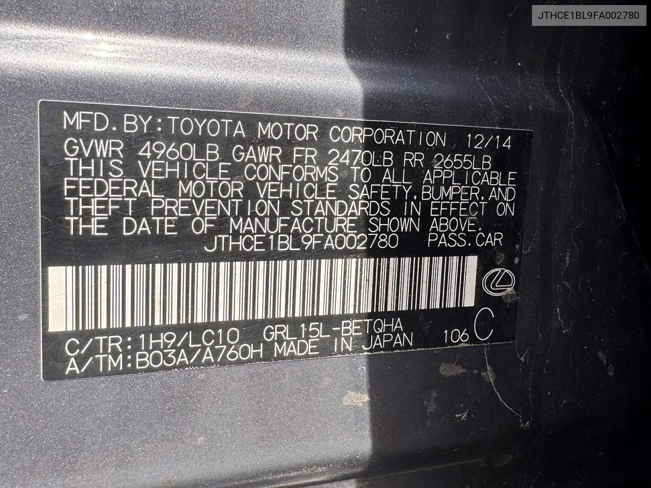 2015 Lexus Gs 350 VIN: JTHCE1BL9FA002780 Lot: 85790775