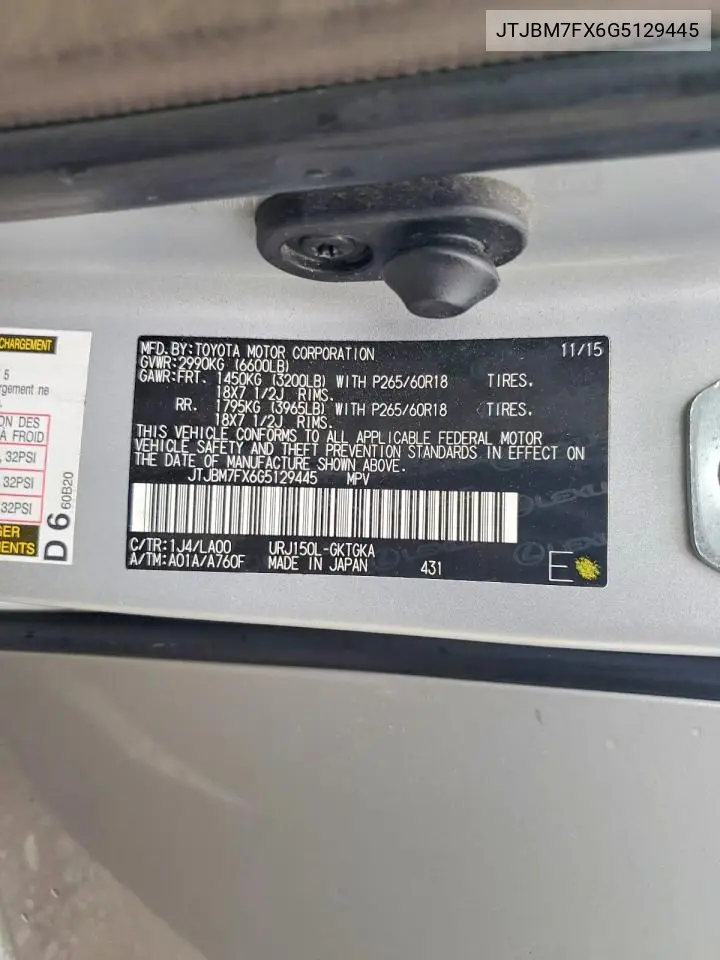 2016 Lexus Gx 460 VIN: JTJBM7FX6G5129445 Lot: 60574546