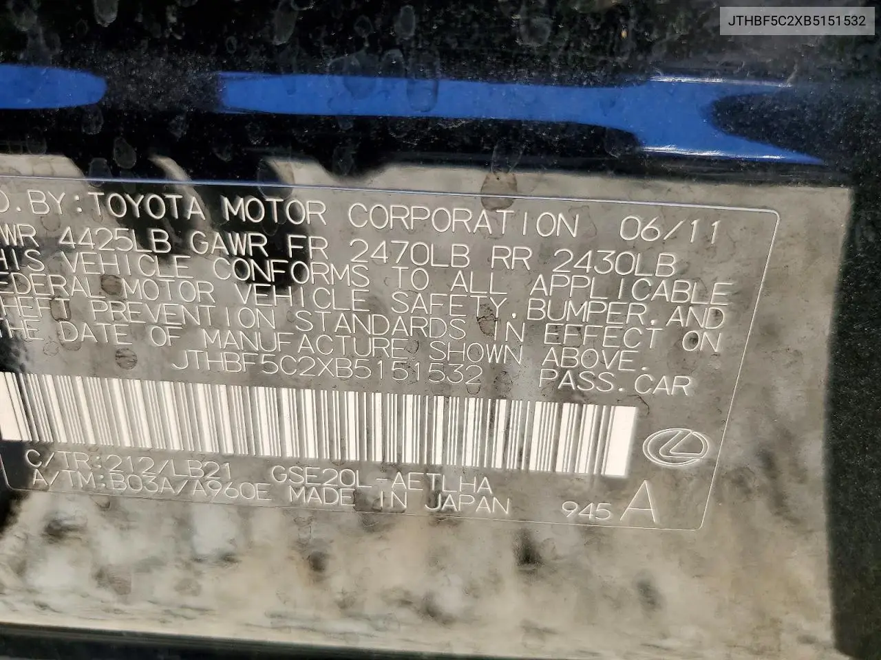 2011 Lexus Is 250 VIN: JTHBF5C2XB5151532 Lot: 60717236