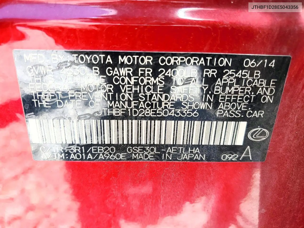 2014 Lexus Is 250 VIN: JTHBF1D28E5043356 Lot: 61812736