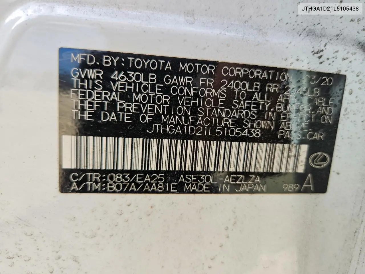 2020 Lexus Is 300 F Sport VIN: JTHGA1D21L5105438 Lot: 62106056