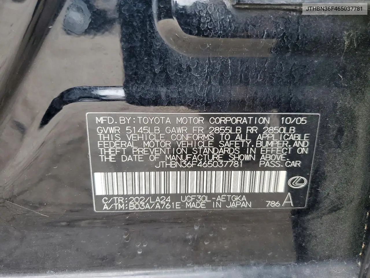 2006 Lexus Ls 430 VIN: JTHBN36F465037781 Lot: 61299406