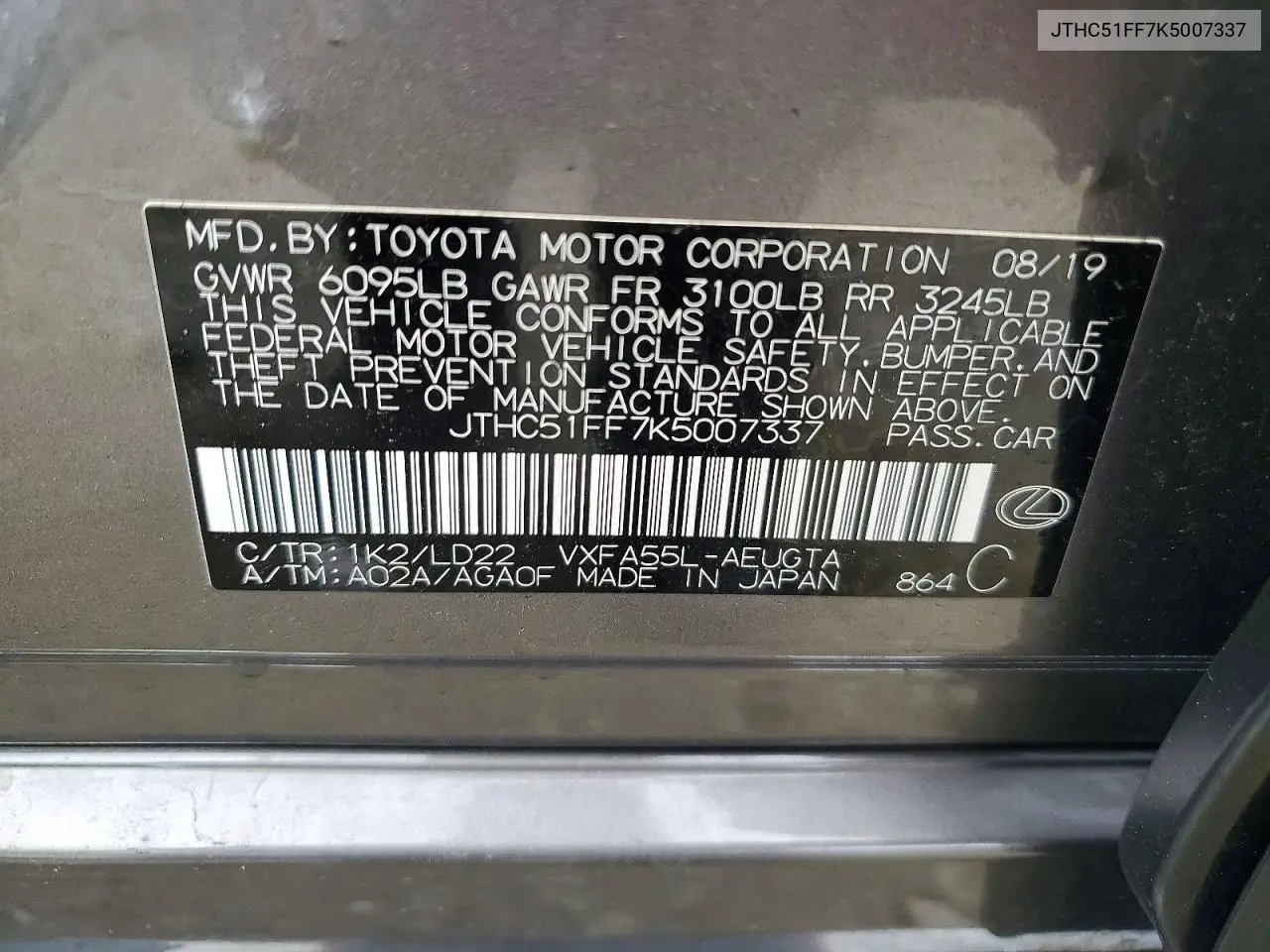 2019 Lexus Ls 500 Base VIN: JTHC51FF7K5007337 Lot: 59831806